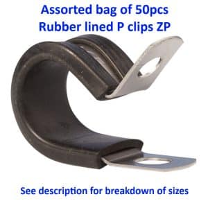 Assortment bag of 50pcs - Rubber lined p clips, Zinc plated, 5mm - 40mm
